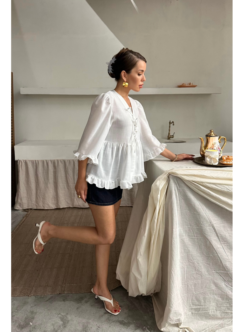 KETEN BLUZ ÖNDEN BAĞLAMALI FIRFIR DETAYLI - Beyaz
