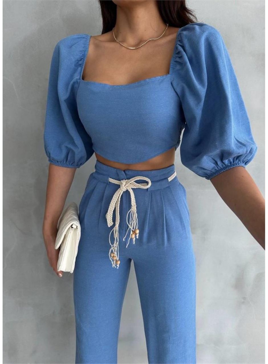 KETEN CROP KARPUZ KOL BLUZ-PANTOLON HASIR KEMERLİ - Mavi