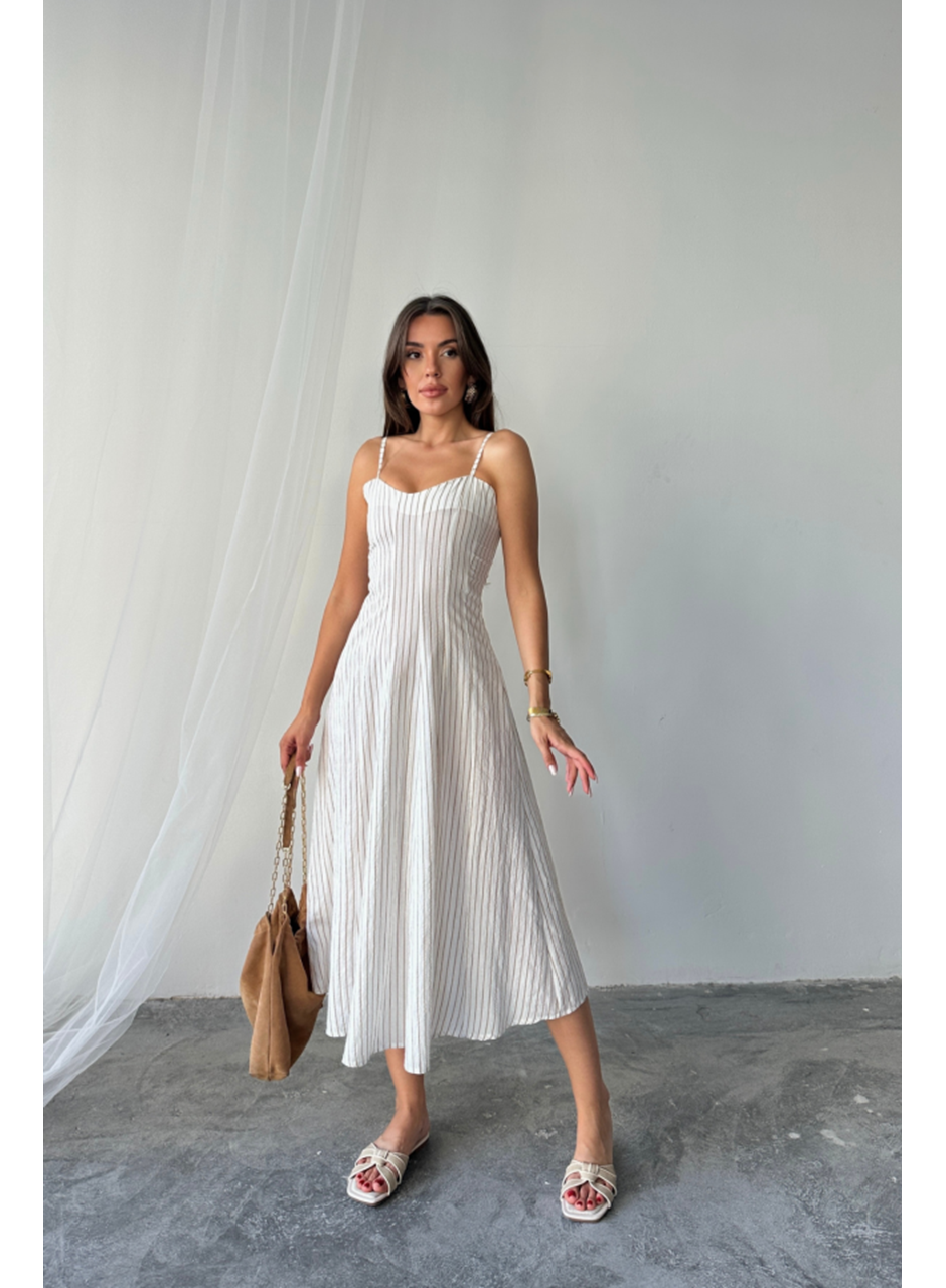 SİMLİ ÇİZGİLİ ASKILI ELBİSE MİDİ BOY - Kahverengi