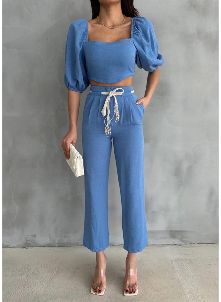KETEN CROP KARPUZ KOL BLUZ-PANTOLON HASIR KEMERLİ - Mavi