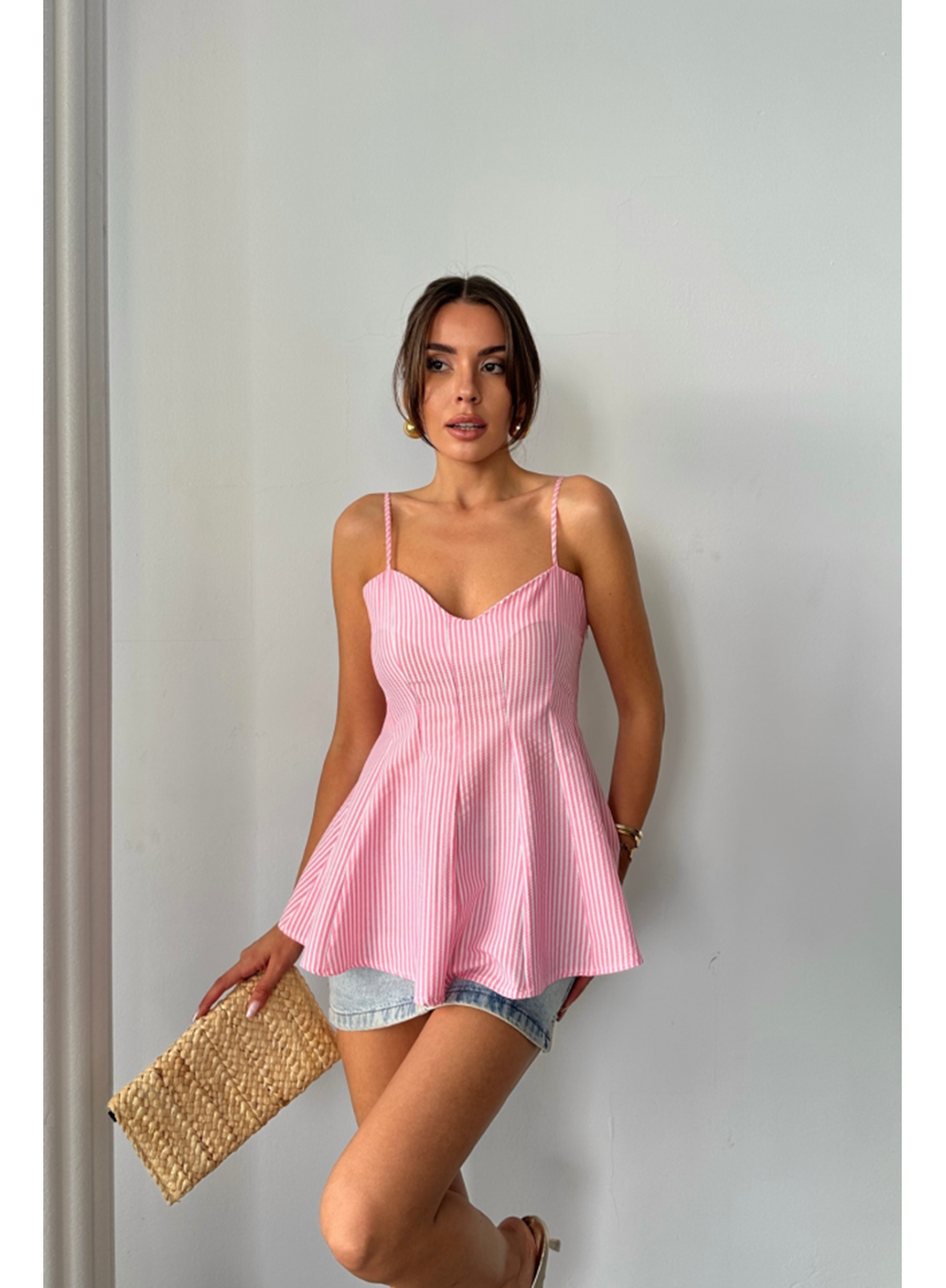 ÇİZGİLİ GOFRE ASKILI PENS DETAYLI BLUZ - Pembe