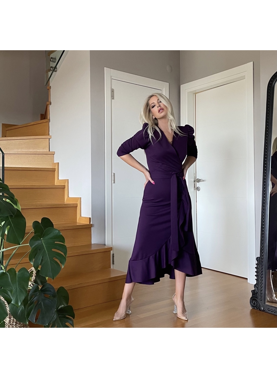 Krep Kumaş Midi Boy Kuşaklı Uzunkol Elbise