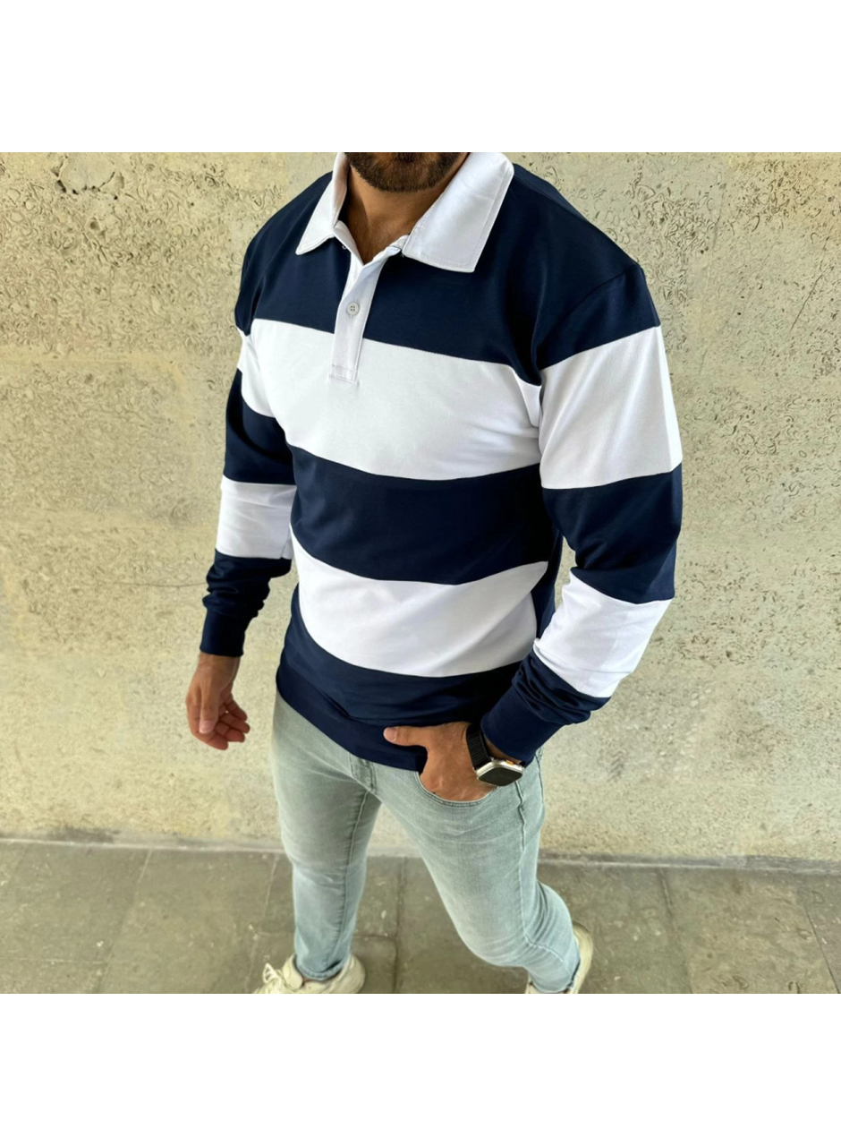 Erkek Polo Yaka Uzun Kollu Çizgili Sweatshirt Trend Rugby Stil - Lacivert