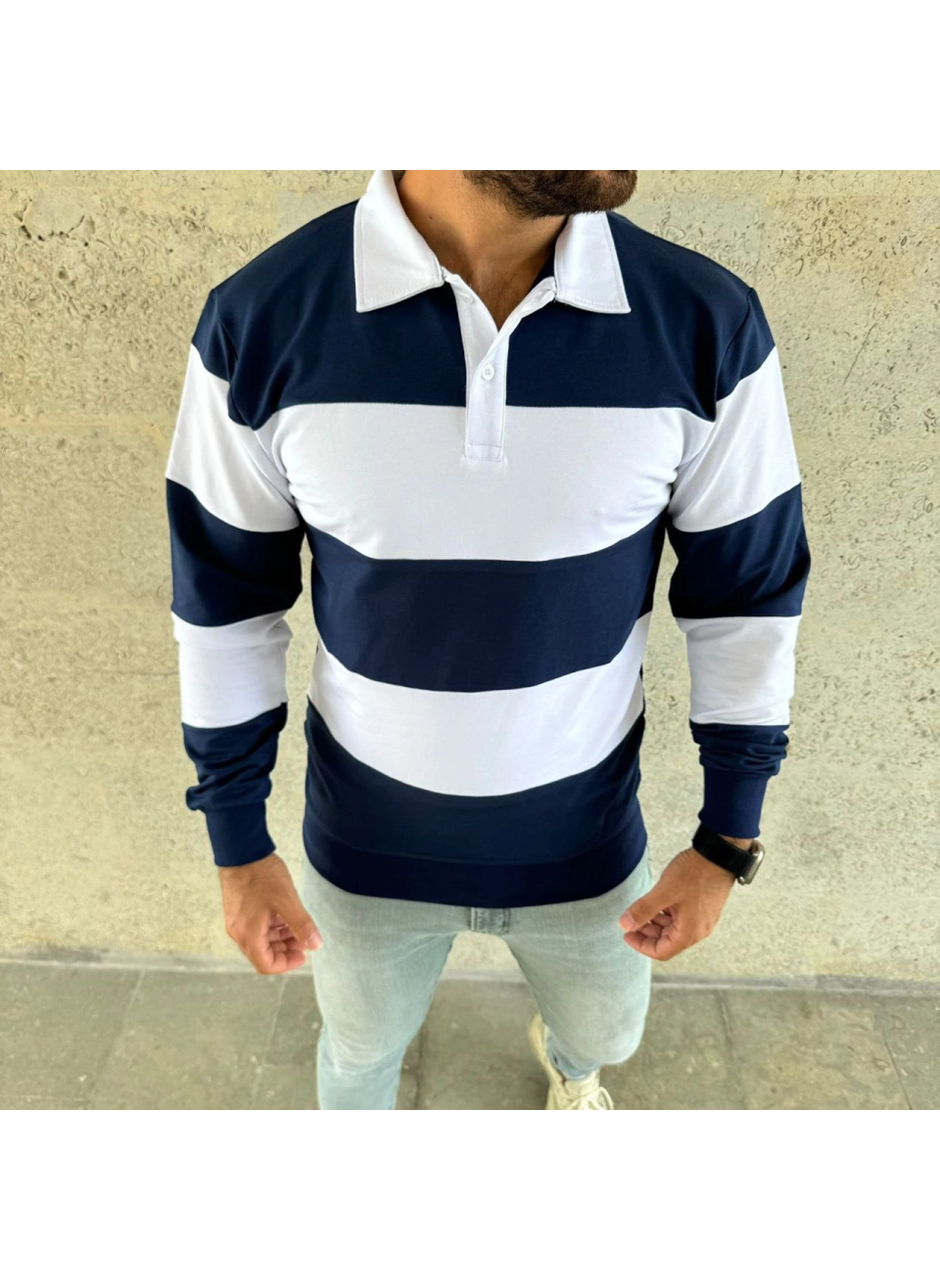 Erkek Polo Yaka Uzun Kollu Çizgili Sweatshirt Trend Rugby Stil - Lacivert