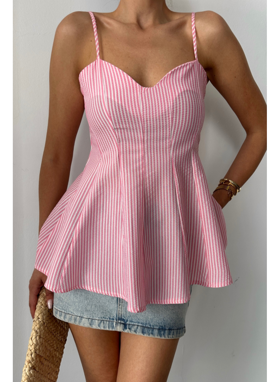 ÇİZGİLİ GOFRE ASKILI PENS DETAYLI BLUZ - Pembe