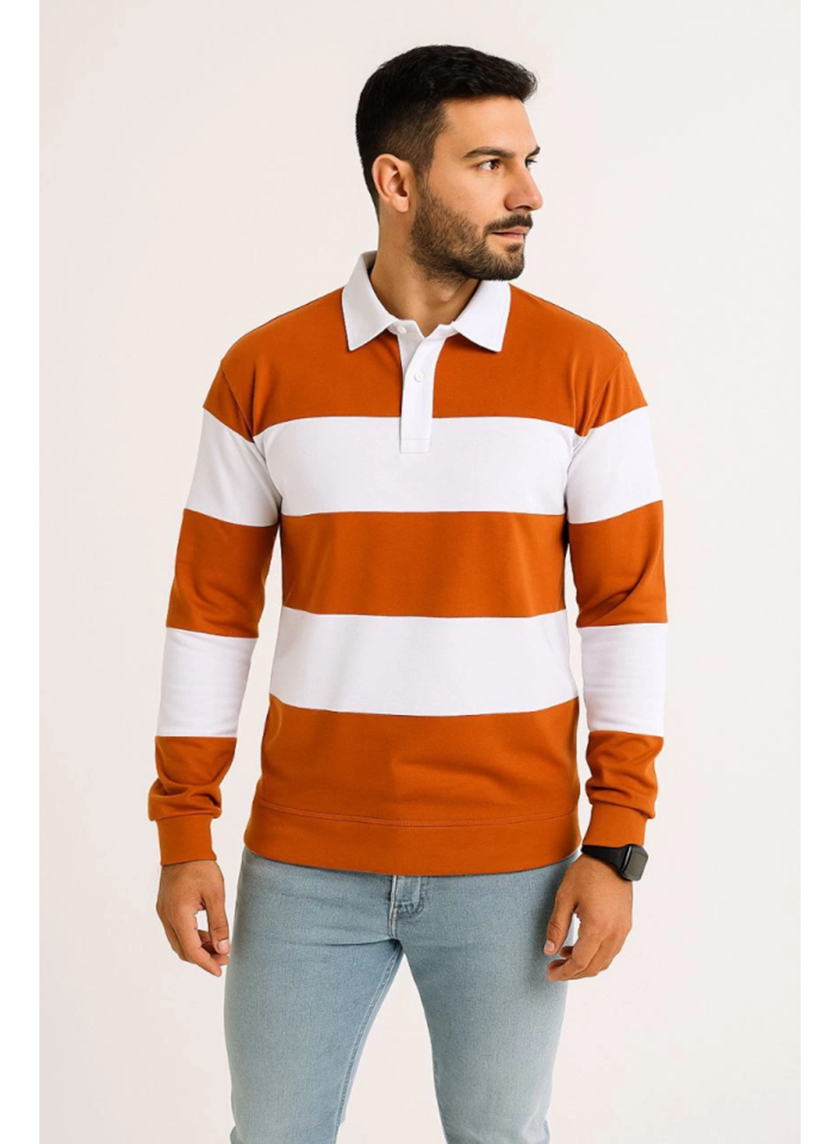 Erkek Polo Yaka Uzun Kollu Çizgili Sweatshirt Trend Rugby Stil - Turuncu