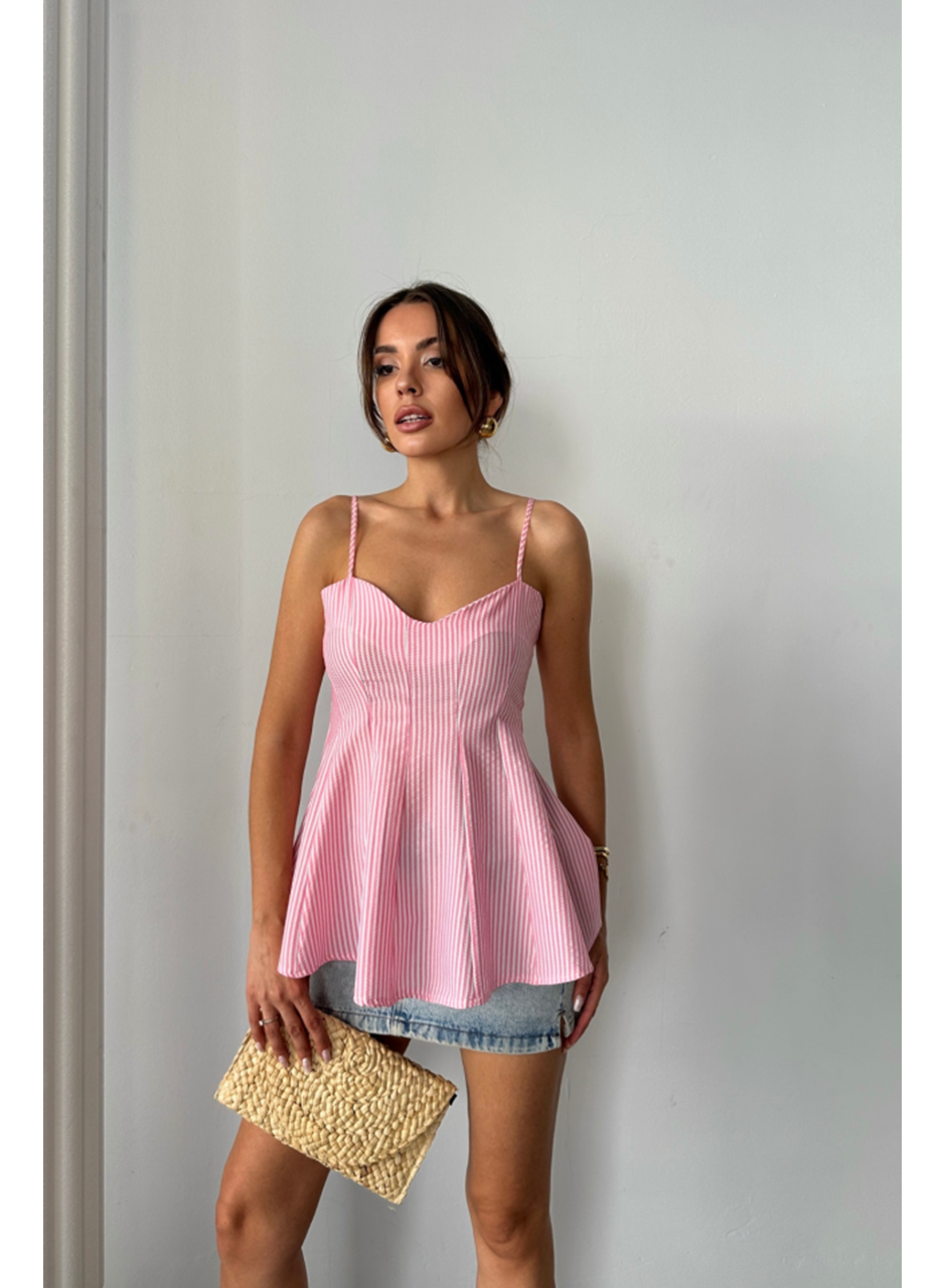 ÇİZGİLİ GOFRE ASKILI PENS DETAYLI BLUZ - Pembe