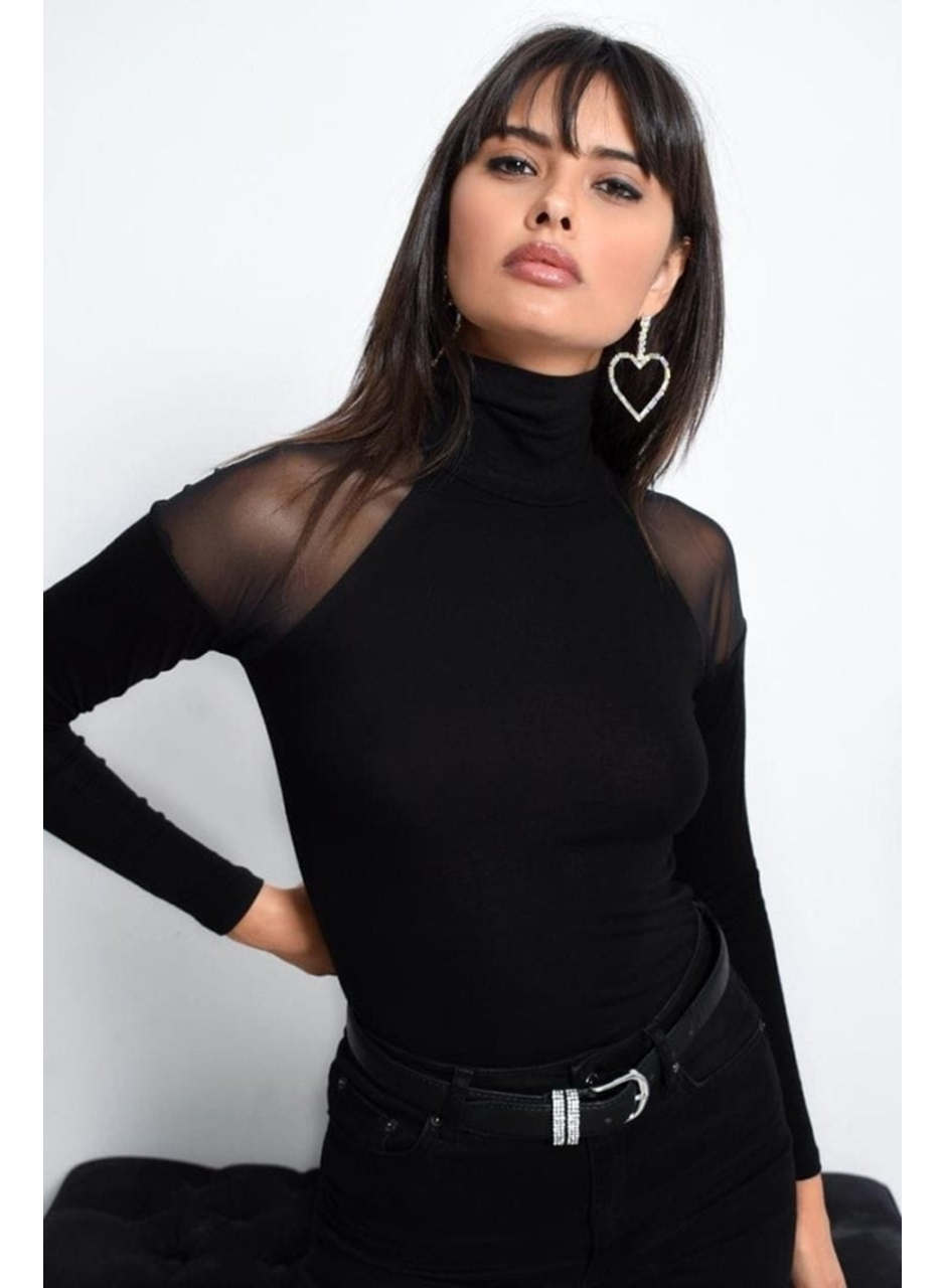 Kadın Omuzları Tül Balıkçı Yaka Viskon Kumaş Bluz