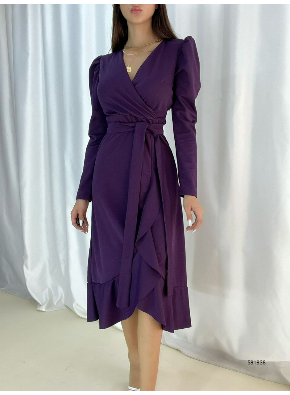 Krep Kumaş Midi Boy Kuşaklı Uzunkol Elbise