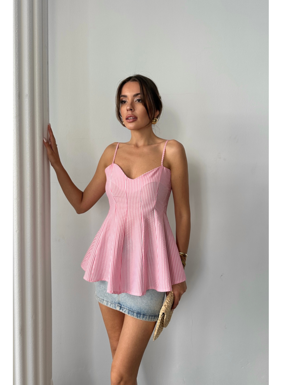 ÇİZGİLİ GOFRE ASKILI PENS DETAYLI BLUZ - Pembe