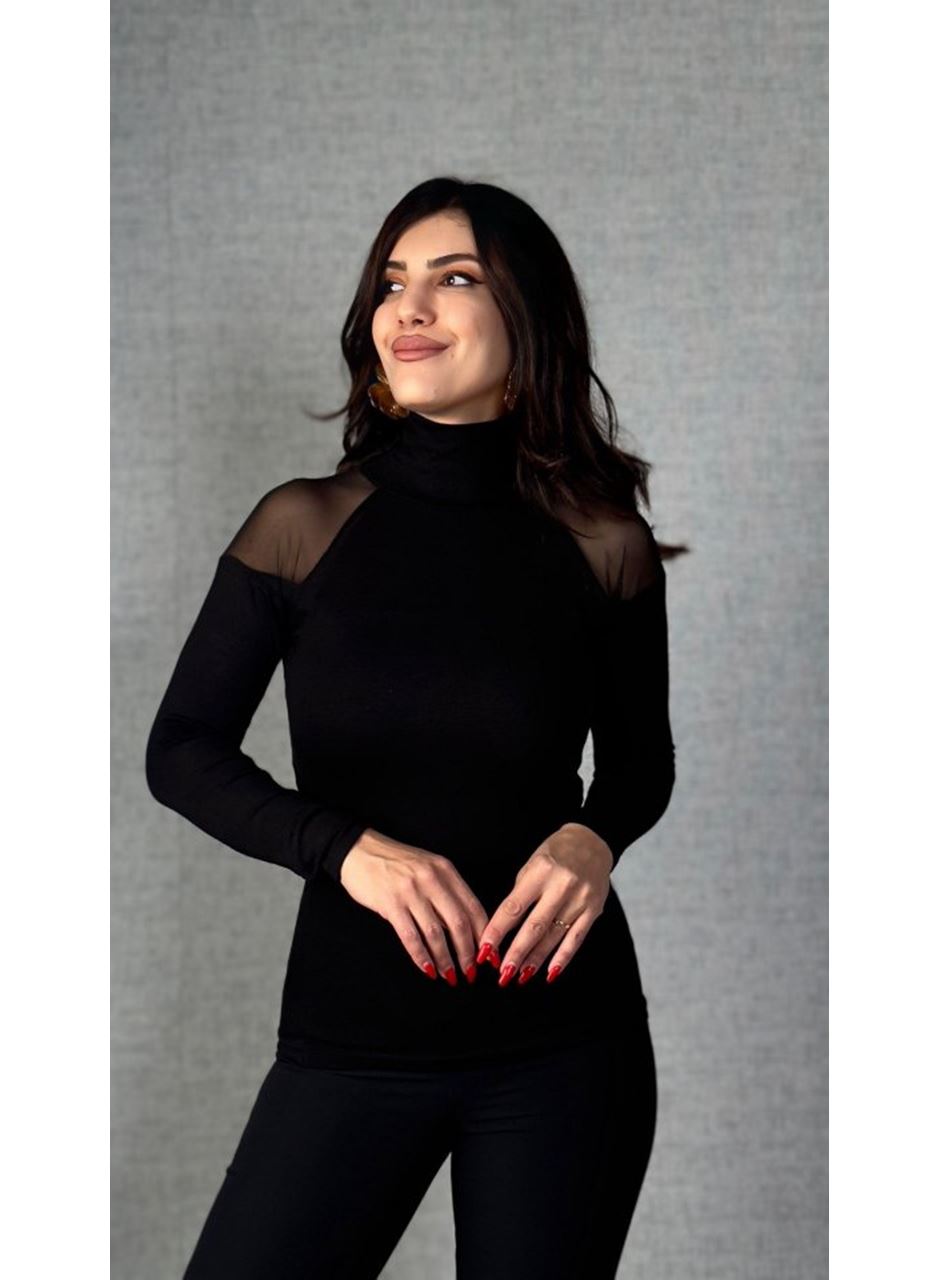 Kadın Omuzları Tül Balıkçı Yaka Viskon Kumaş Bluz