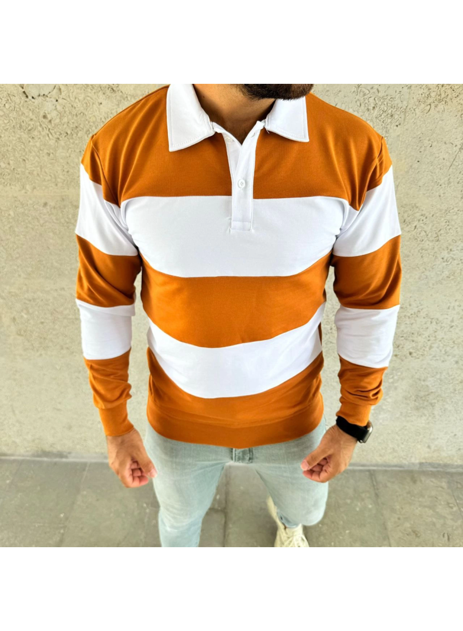 Erkek Polo Yaka Uzun Kollu Çizgili Sweatshirt Trend Rugby Stil - Turuncu