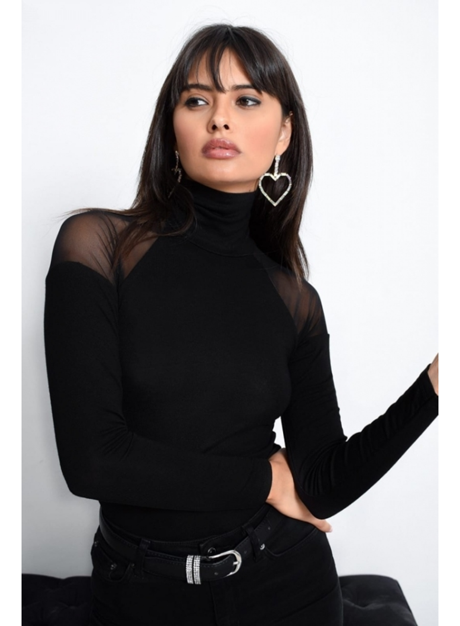 Kadın Omuzları Tül Balıkçı Yaka Viskon Kumaş Bluz