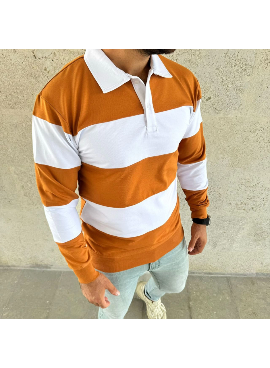 Erkek Polo Yaka Uzun Kollu Çizgili Sweatshirt Trend Rugby Stil - Turuncu
