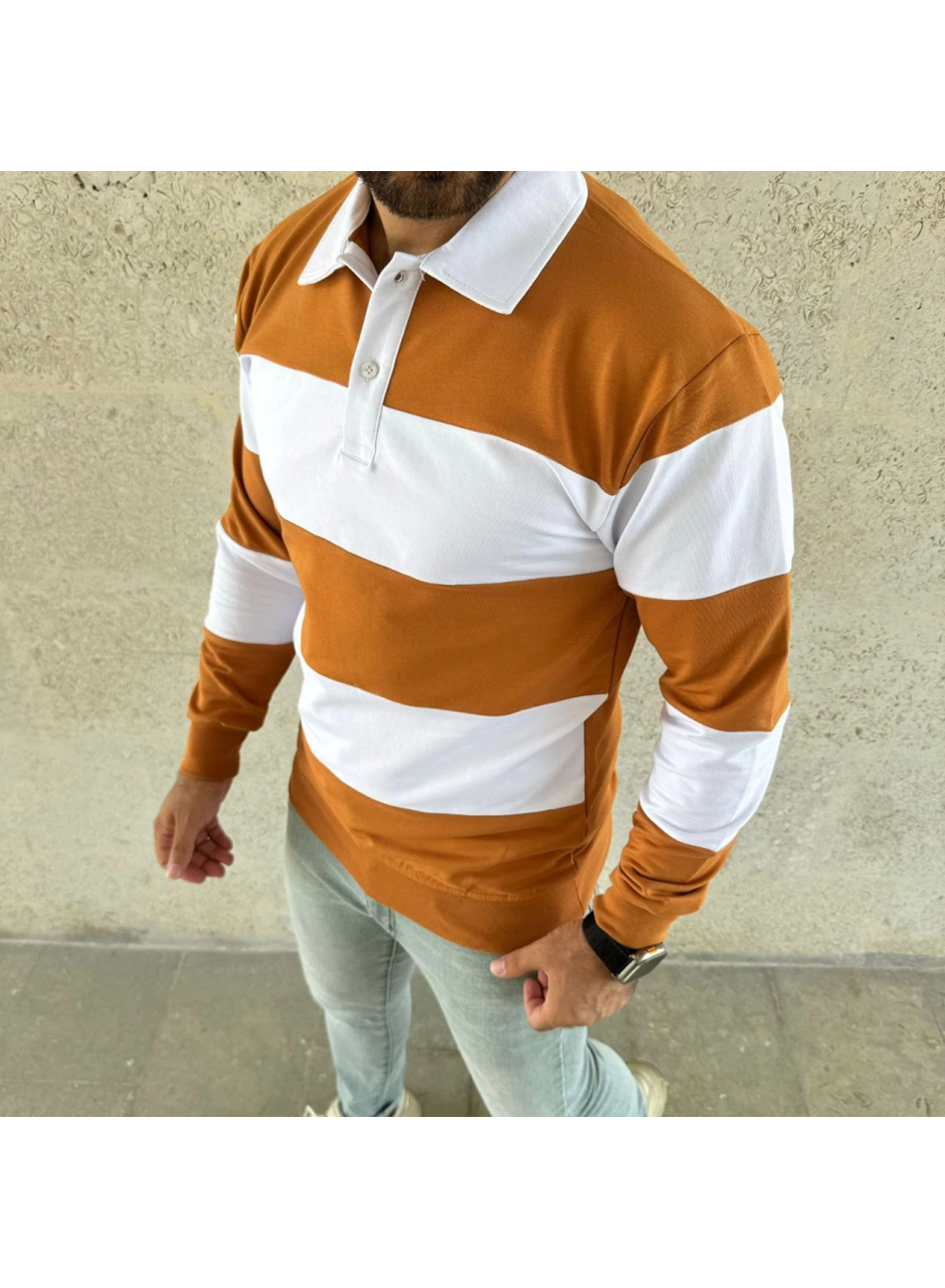 Erkek Polo Yaka Uzun Kollu Çizgili Sweatshirt Trend Rugby Stil - Turuncu