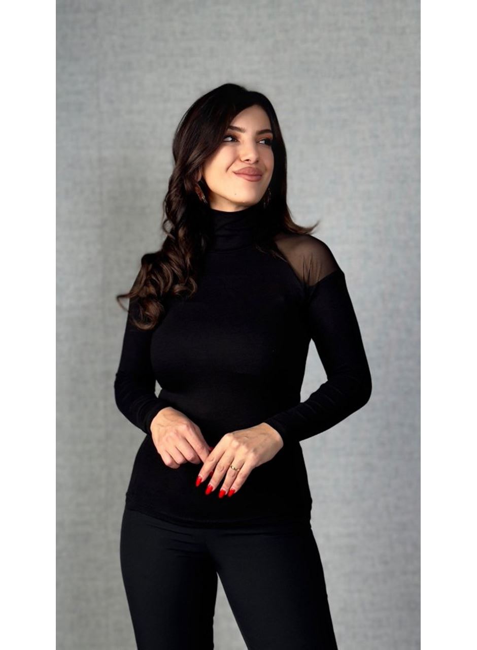 Kadın Omuzları Tül Balıkçı Yaka Viskon Kumaş Bluz