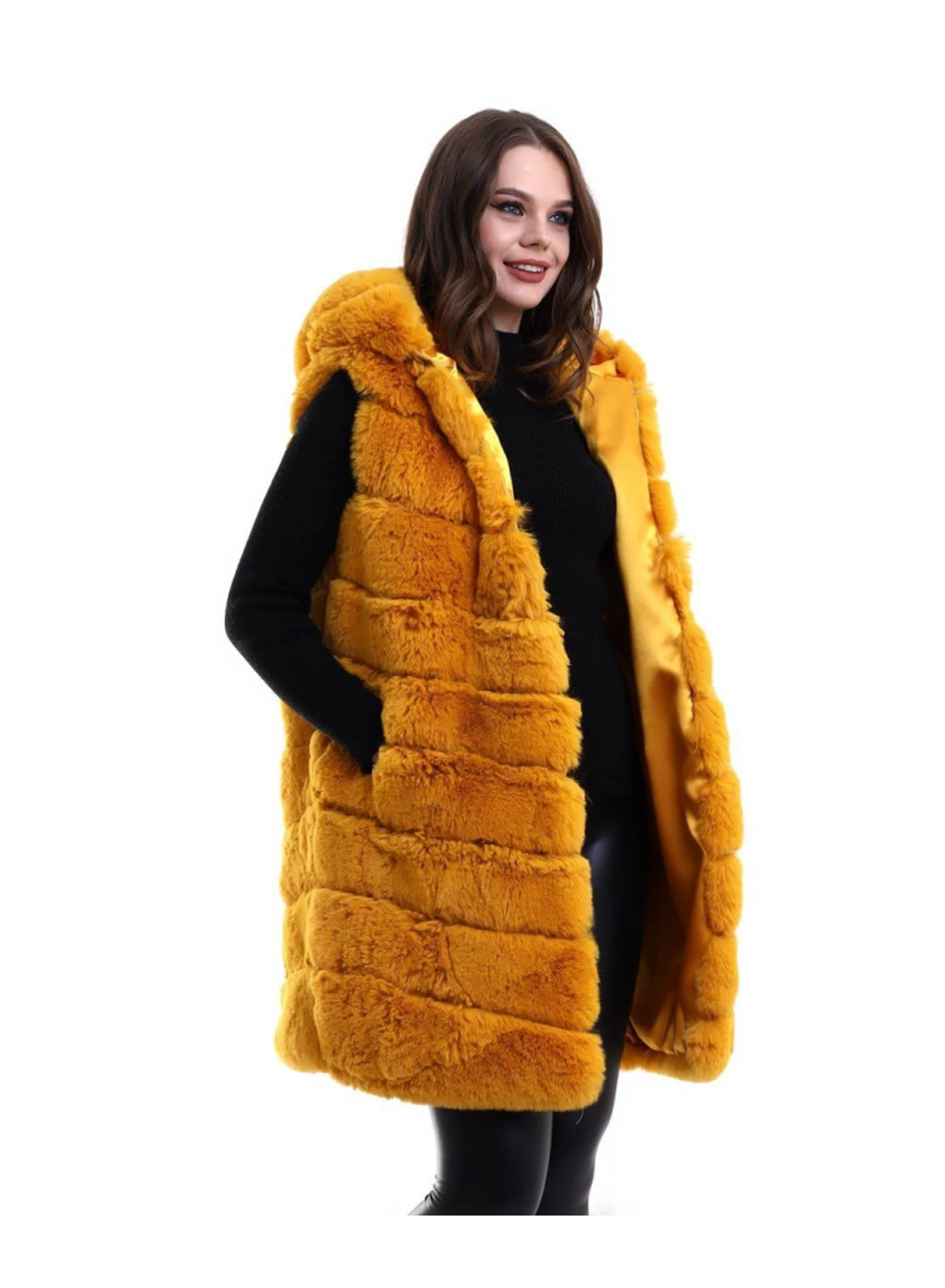 Kapşonlu Peluş Kürk Yelek Premium Kalite, Tam Astarlı, Uzun Model - Sarı