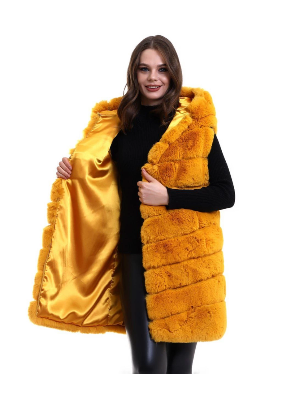 Kapşonlu Peluş Kürk Yelek Premium Kalite, Tam Astarlı, Uzun Model - Sarı