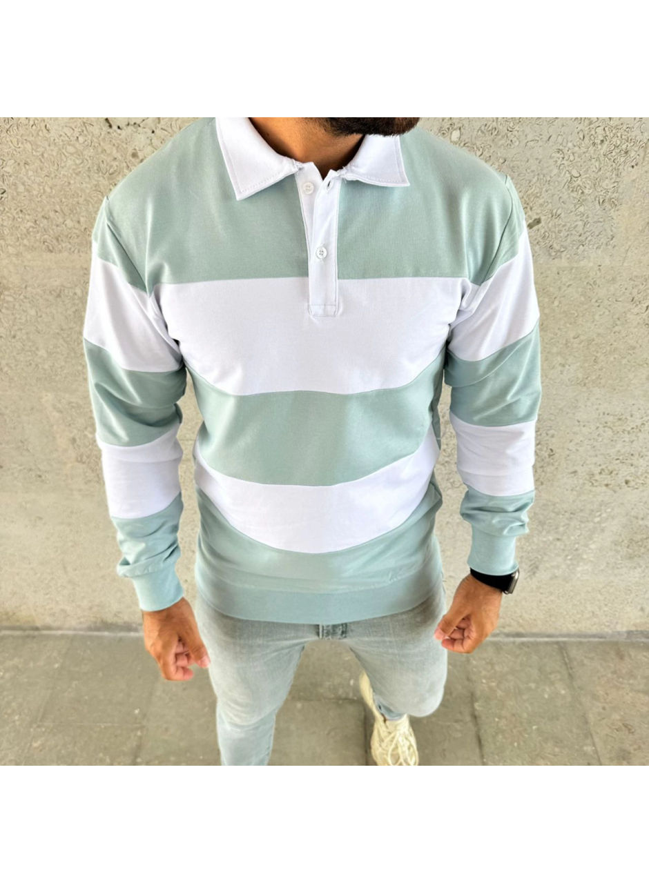 Erkek Polo Yaka Uzun Kollu Çizgili Sweatshirt Trend Rugby Stil - Çağla Yeşili