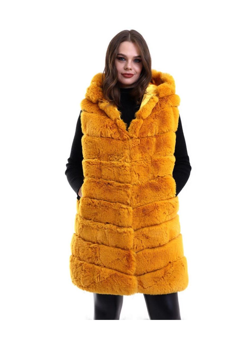 Kapşonlu Peluş Kürk Yelek Premium Kalite, Tam Astarlı, Uzun Model - Sarı