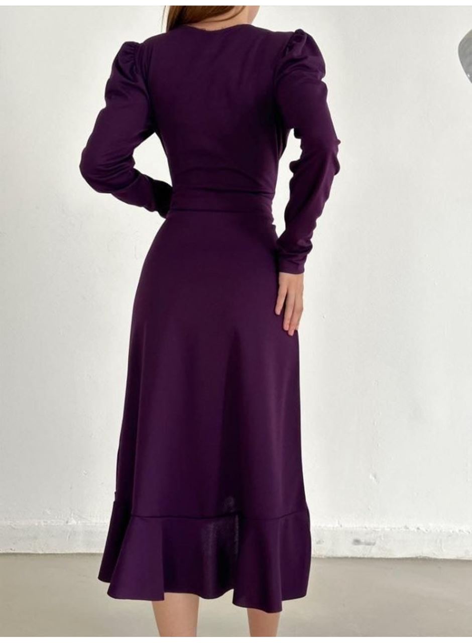 Krep Kumaş Midi Boy Kuşaklı Uzunkol Elbise