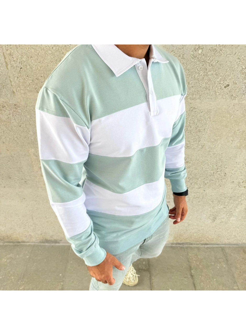 Erkek Polo Yaka Uzun Kollu Çizgili Sweatshirt Trend Rugby Stil - Çağla Yeşili