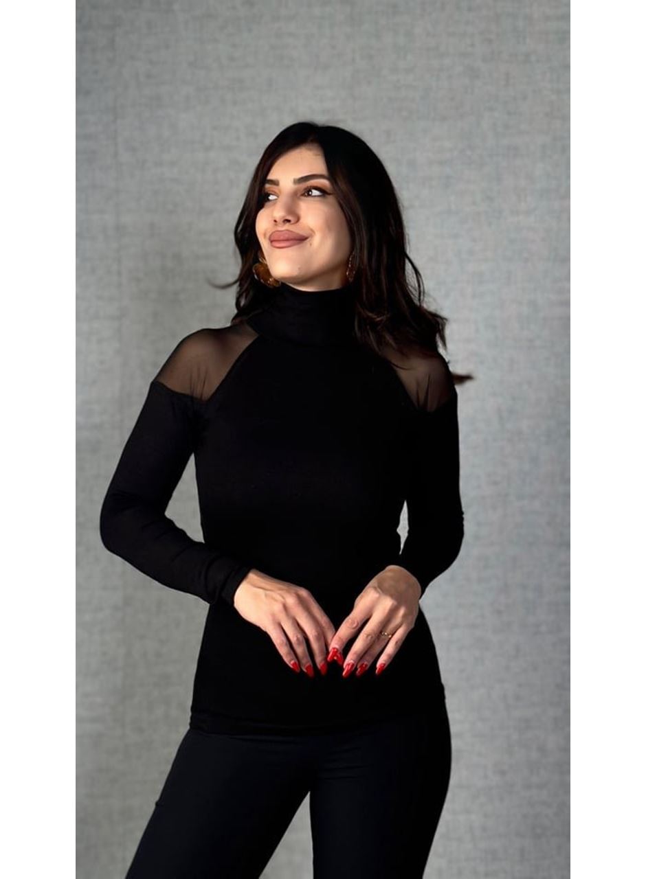 Kadın Omuzları Tül Balıkçı Yaka Viskon Kumaş Bluz