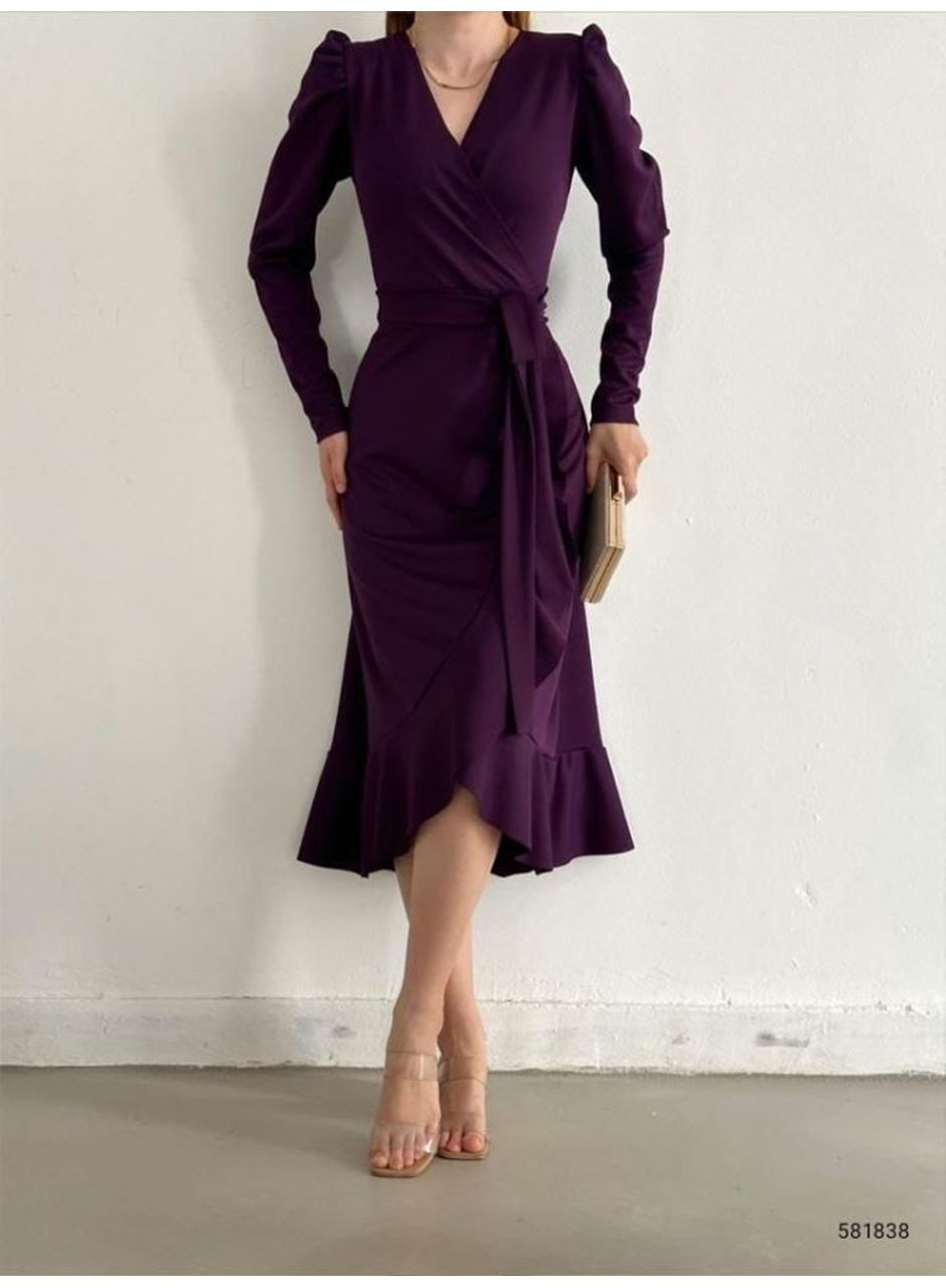 Krep Kumaş Midi Boy Kuşaklı Uzunkol Elbise