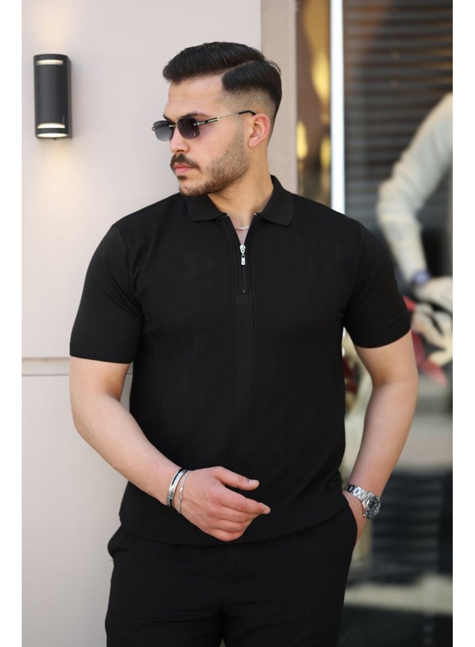 Erkek Yakası Fermuarlı Kısa Kollu T-shirt