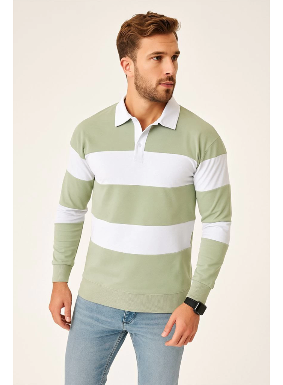 Erkek Polo Yaka Uzun Kollu Çizgili Sweatshirt Trend Rugby Stil - Mint Yeşili