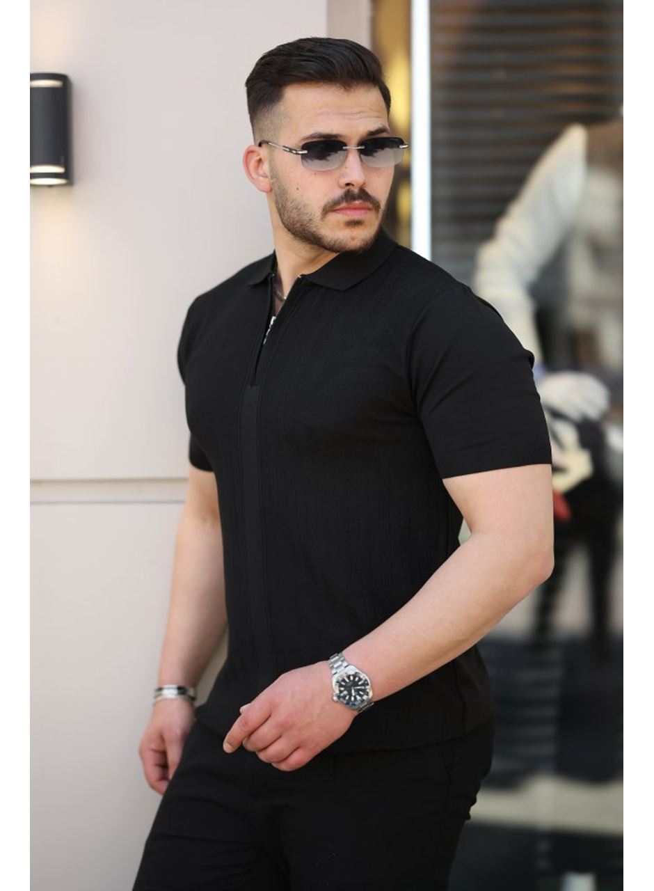 Erkek Yakası Fermuarlı Kısa Kollu T-shirt