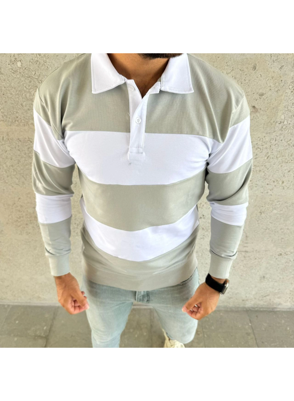 Erkek Polo Yaka Uzun Kollu Çizgili Sweatshirt Trend Rugby Stil - Mint Yeşili