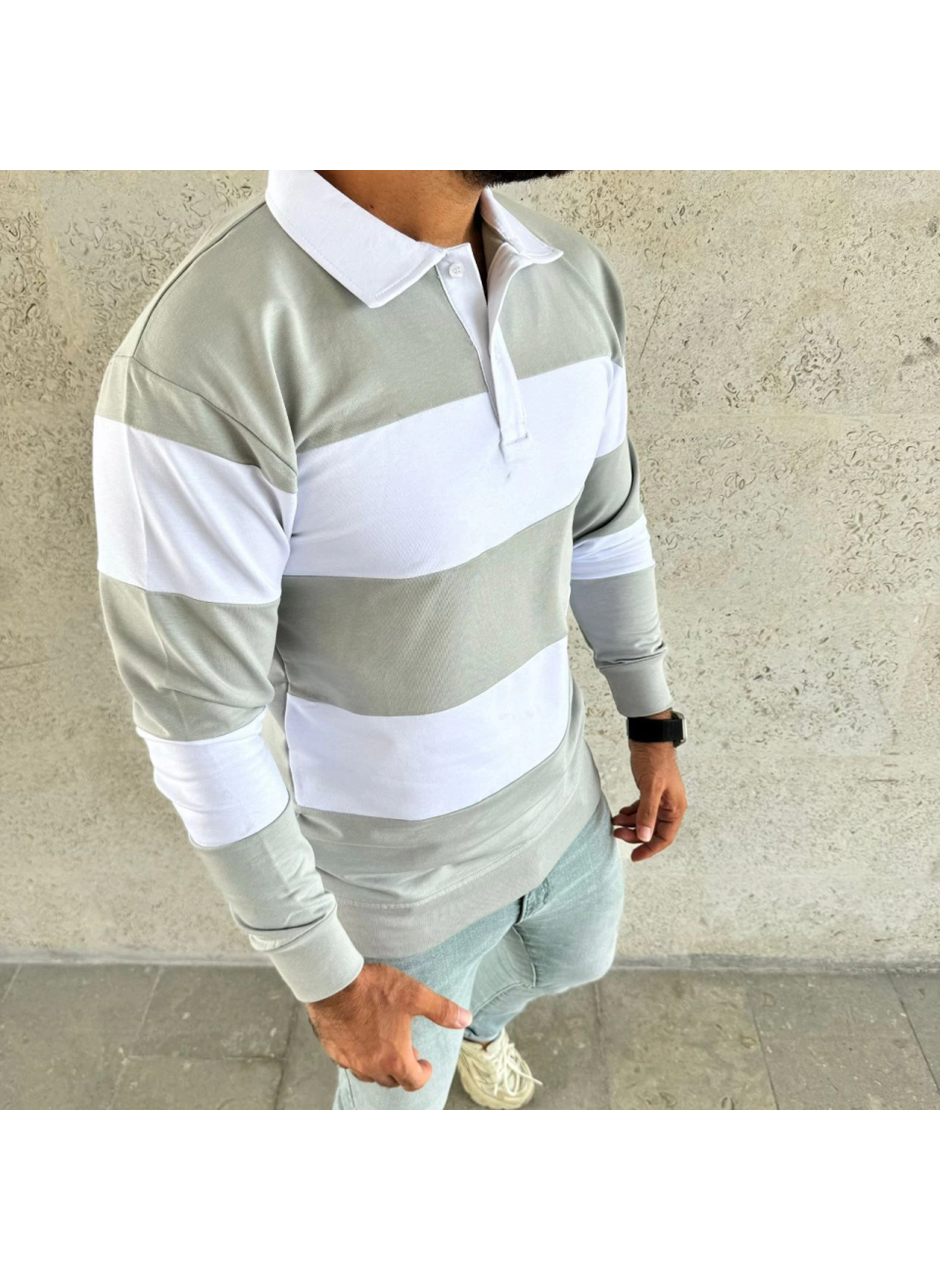 Erkek Polo Yaka Uzun Kollu Çizgili Sweatshirt Trend Rugby Stil - Mint Yeşili