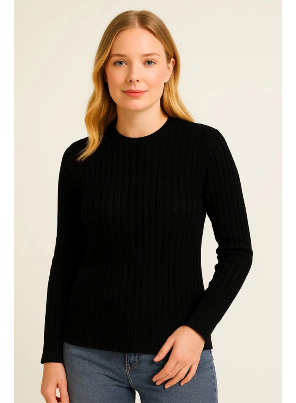 Bisiklet Yuvarlak Yaka Triko Kazak Pamuklu Kalın Fitilli Dokuma, Regular Fit Uzun Kollu Kışlık Model - Siyah