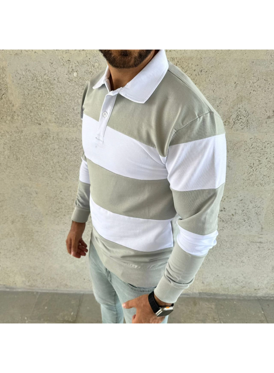Erkek Polo Yaka Uzun Kollu Çizgili Sweatshirt Trend Rugby Stil - Mint Yeşili