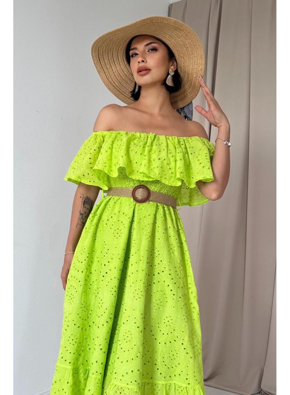 Yağ Yeşili Omzu Lastikli Brode Elbise