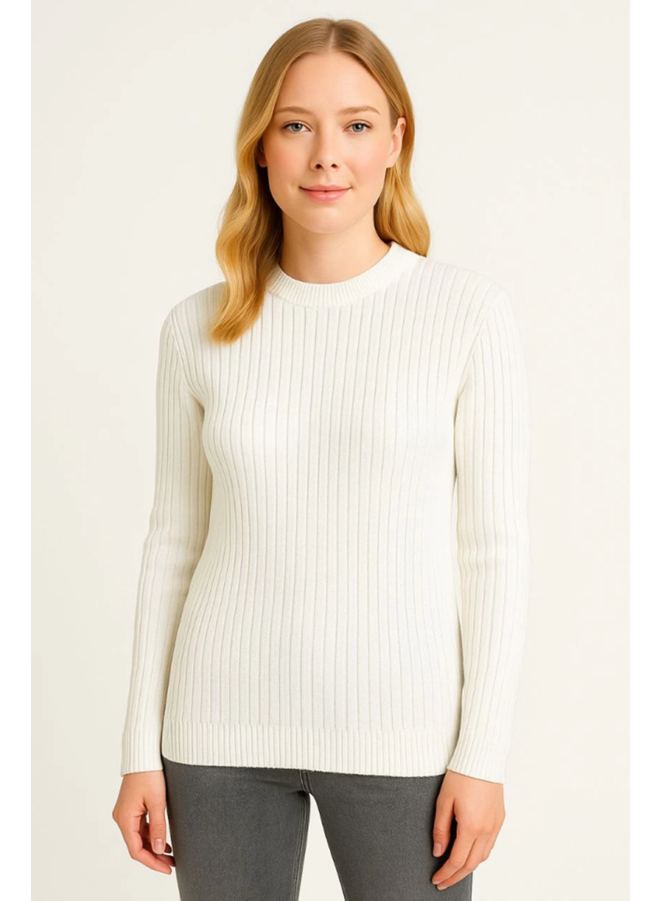 Bisiklet Yuvarlak Yaka Triko Kazak Pamuklu Kalın Fitilli Dokuma, Regular Fit Uzun Kollu Kışlık Model - Beyaz