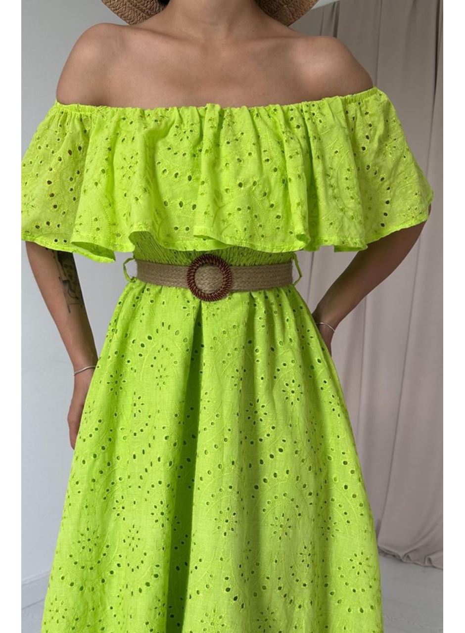 Yağ Yeşili Omzu Lastikli Brode Elbise