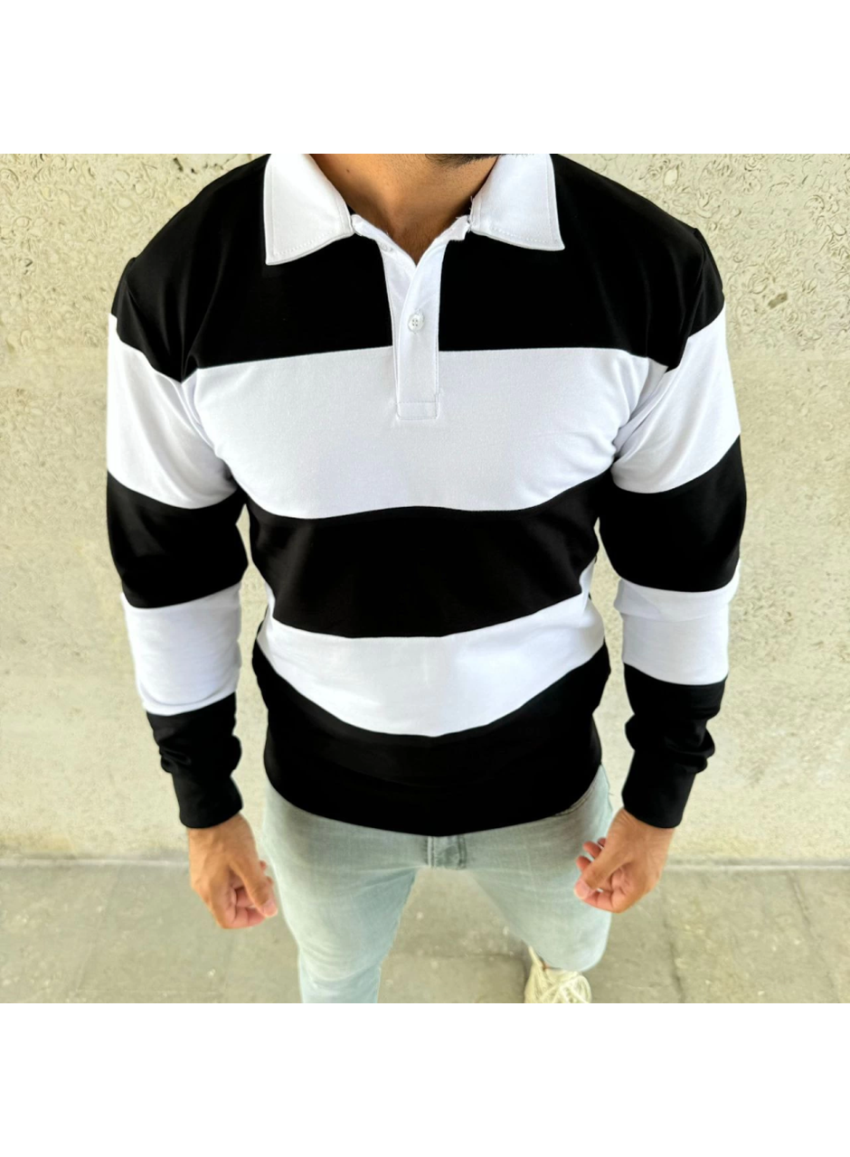 Erkek Polo Yaka Uzun Kollu Çizgili Sweatshirt Trend Rugby Stil - Siyah