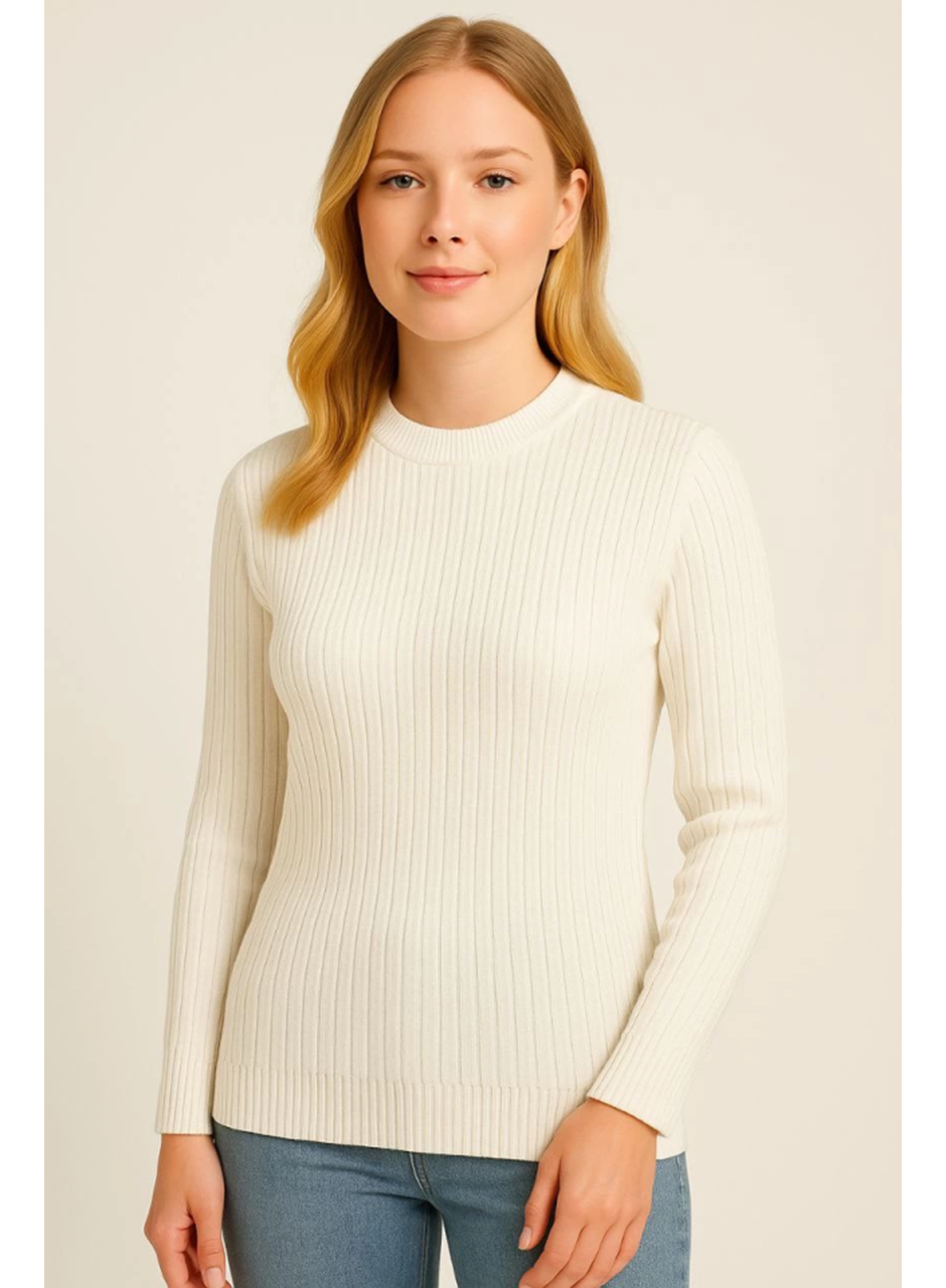 Bisiklet Yuvarlak Yaka Triko Kazak Pamuklu Kalın Fitilli Dokuma, Regular Fit Uzun Kollu Kışlık Model - Beyaz