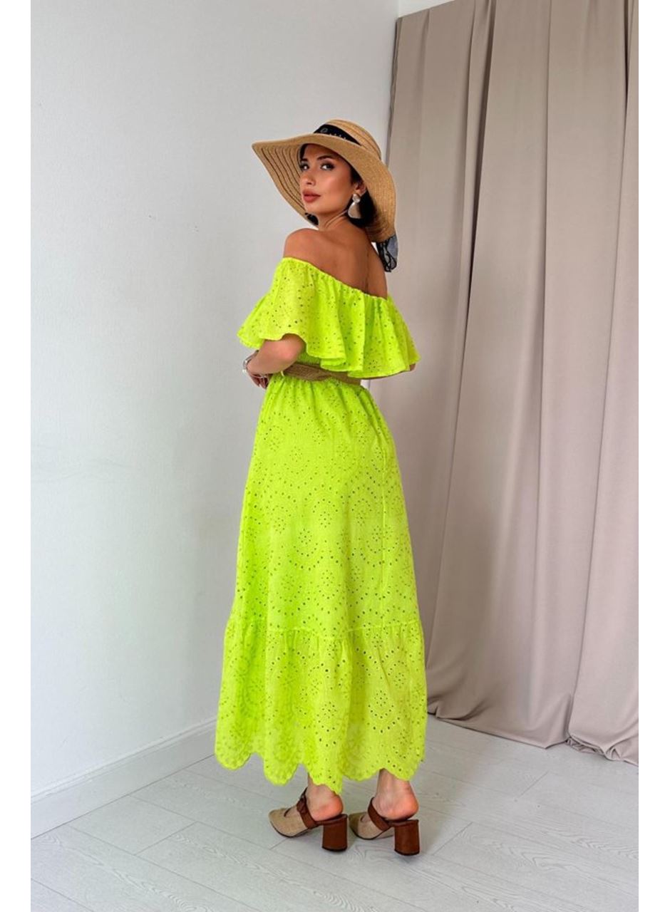 Yağ Yeşili Omzu Lastikli Brode Elbise