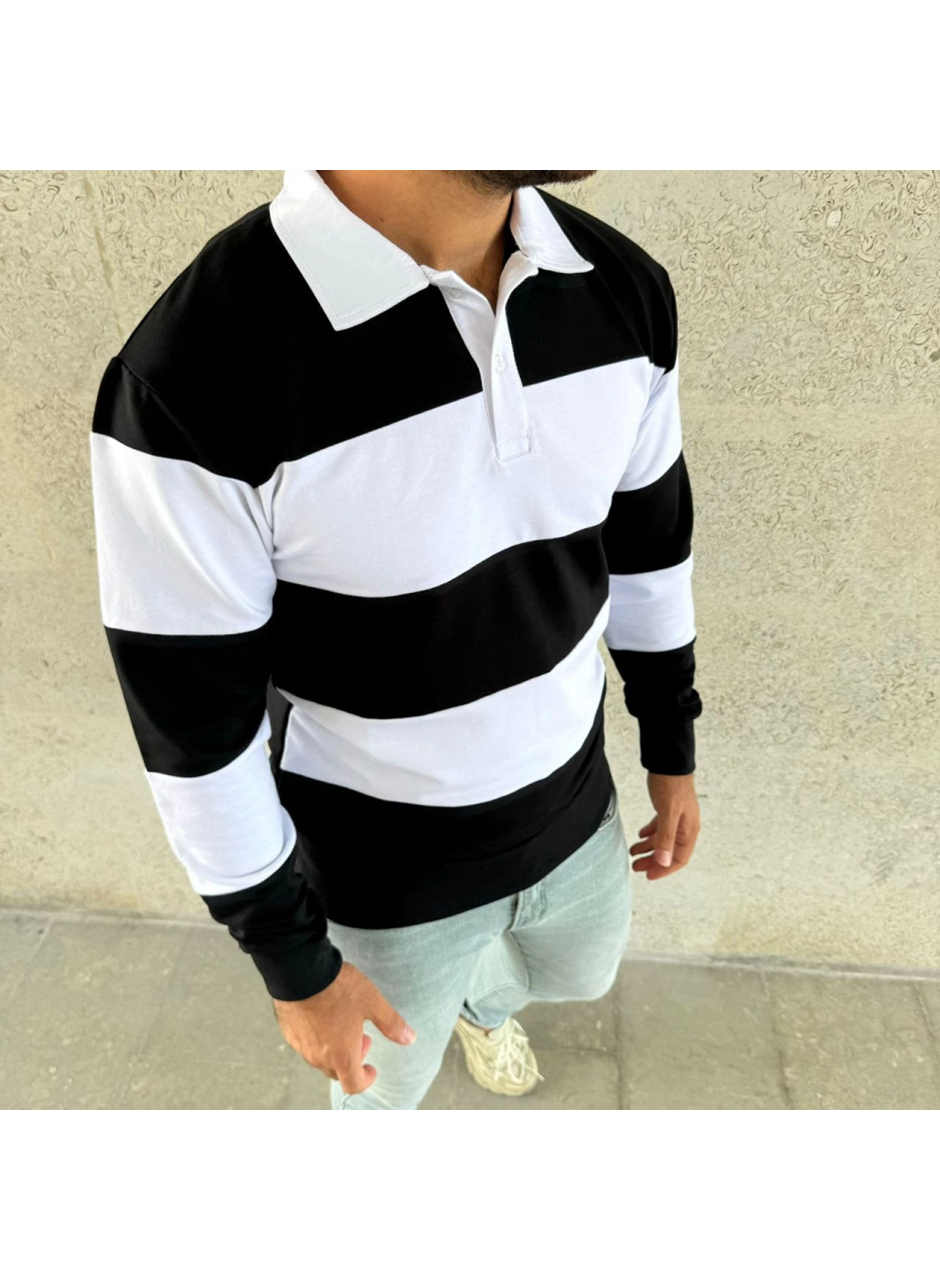 Erkek Polo Yaka Uzun Kollu Çizgili Sweatshirt Trend Rugby Stil - Siyah
