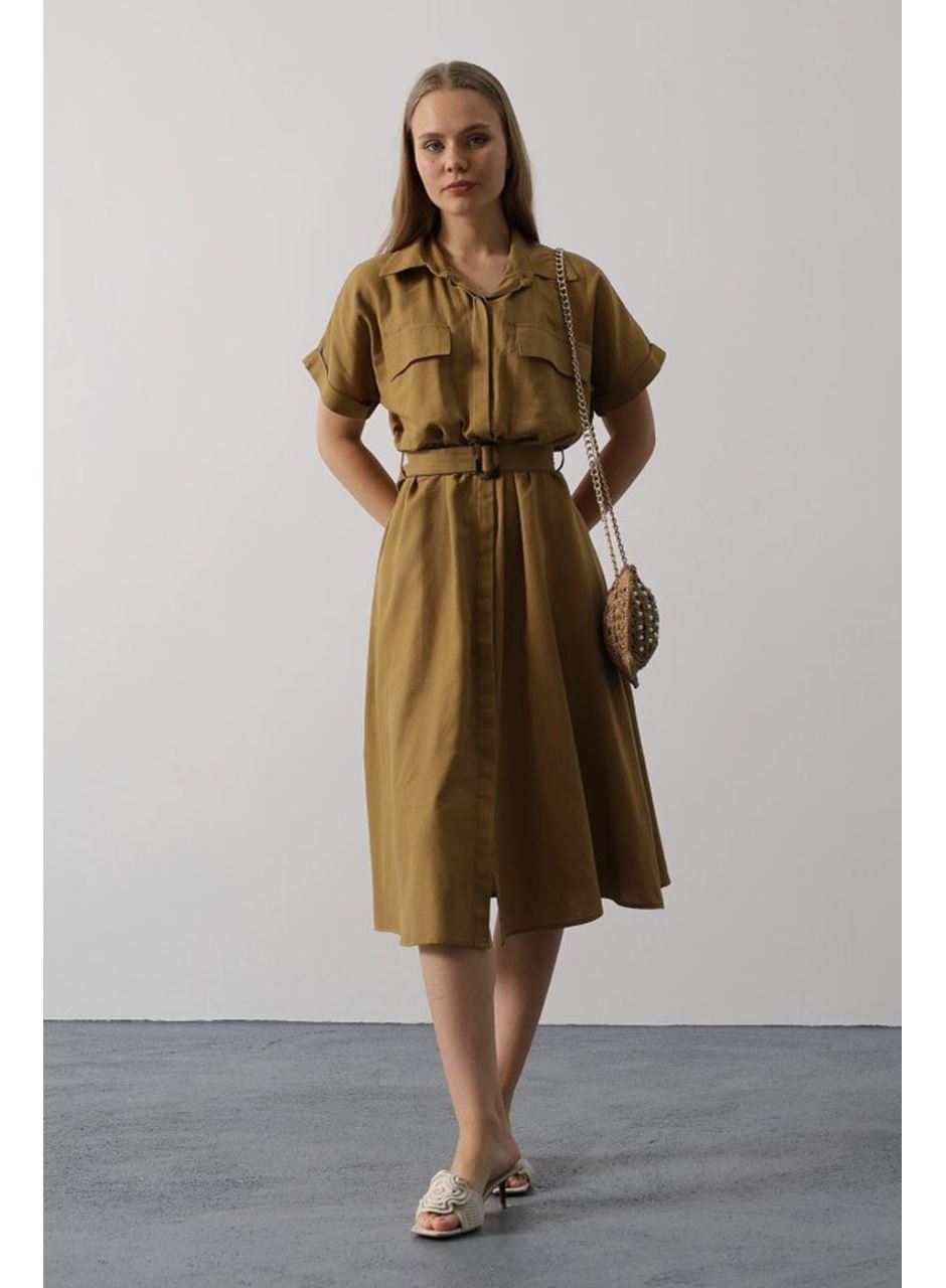 Kuşaklı Cep Detaylı Yarım Kol Elbise - Yağ Yeşili