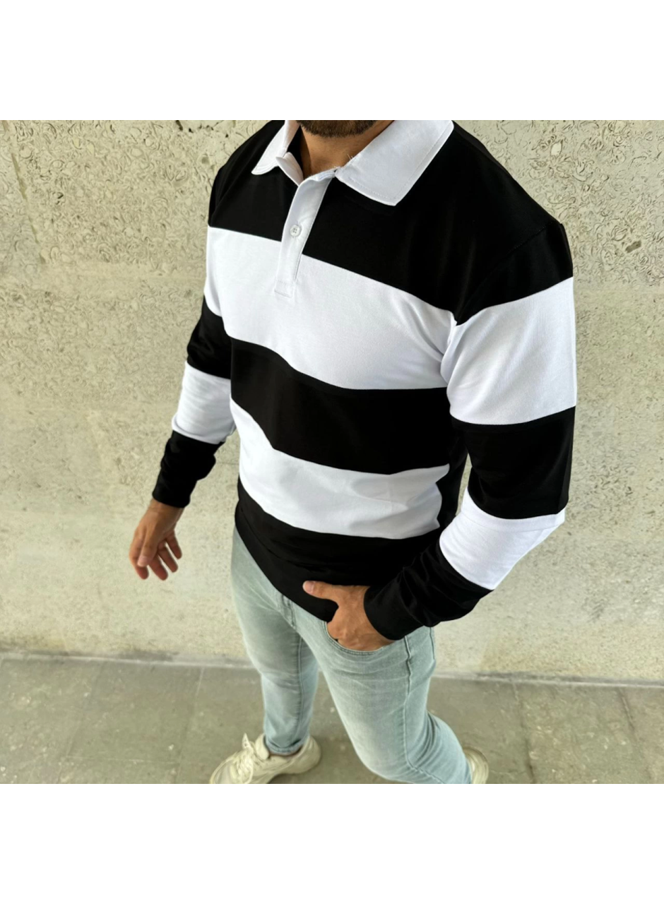 Erkek Polo Yaka Uzun Kollu Çizgili Sweatshirt Trend Rugby Stil - Siyah
