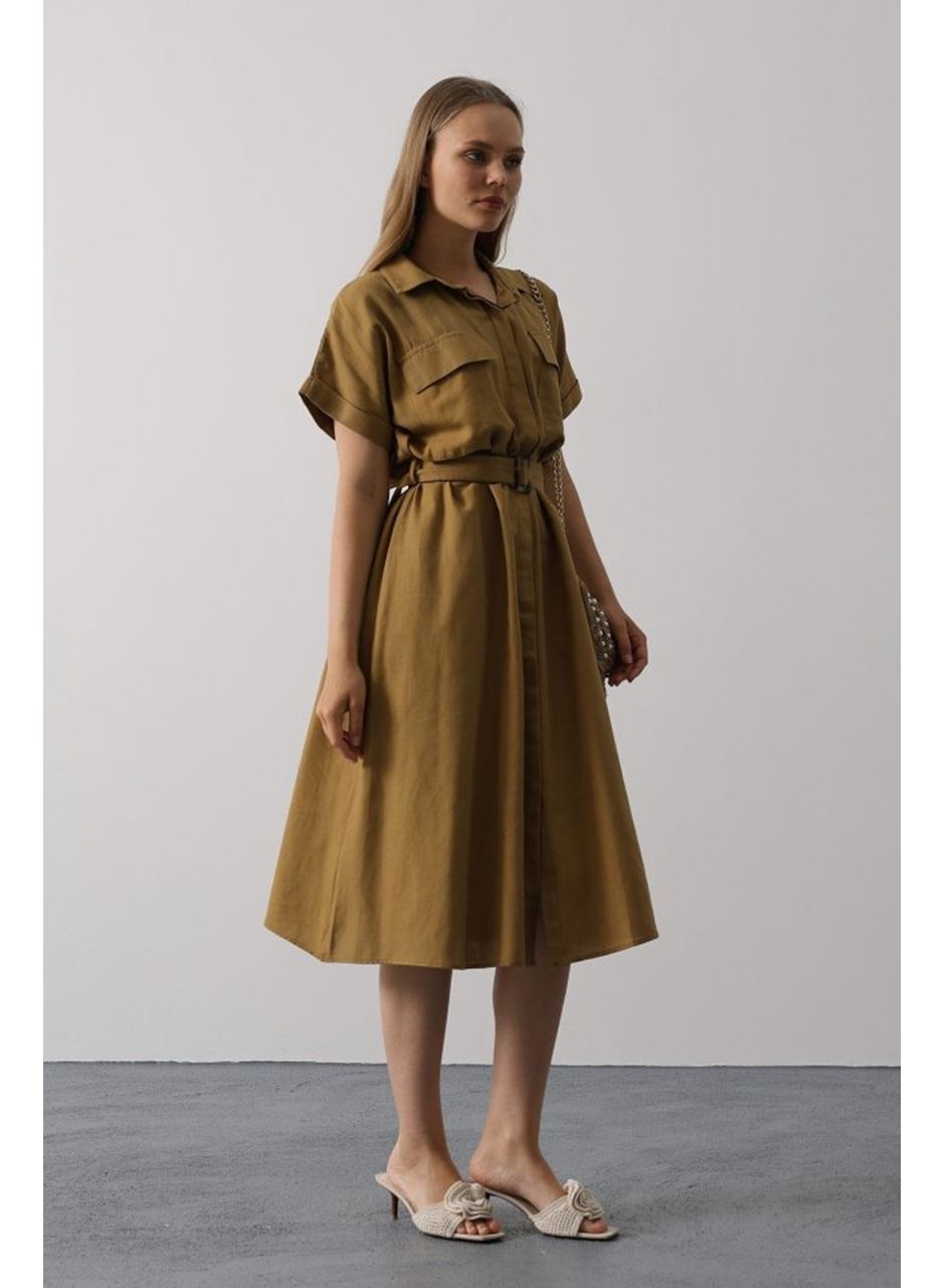 Kuşaklı Cep Detaylı Yarım Kol Elbise - Yağ Yeşili