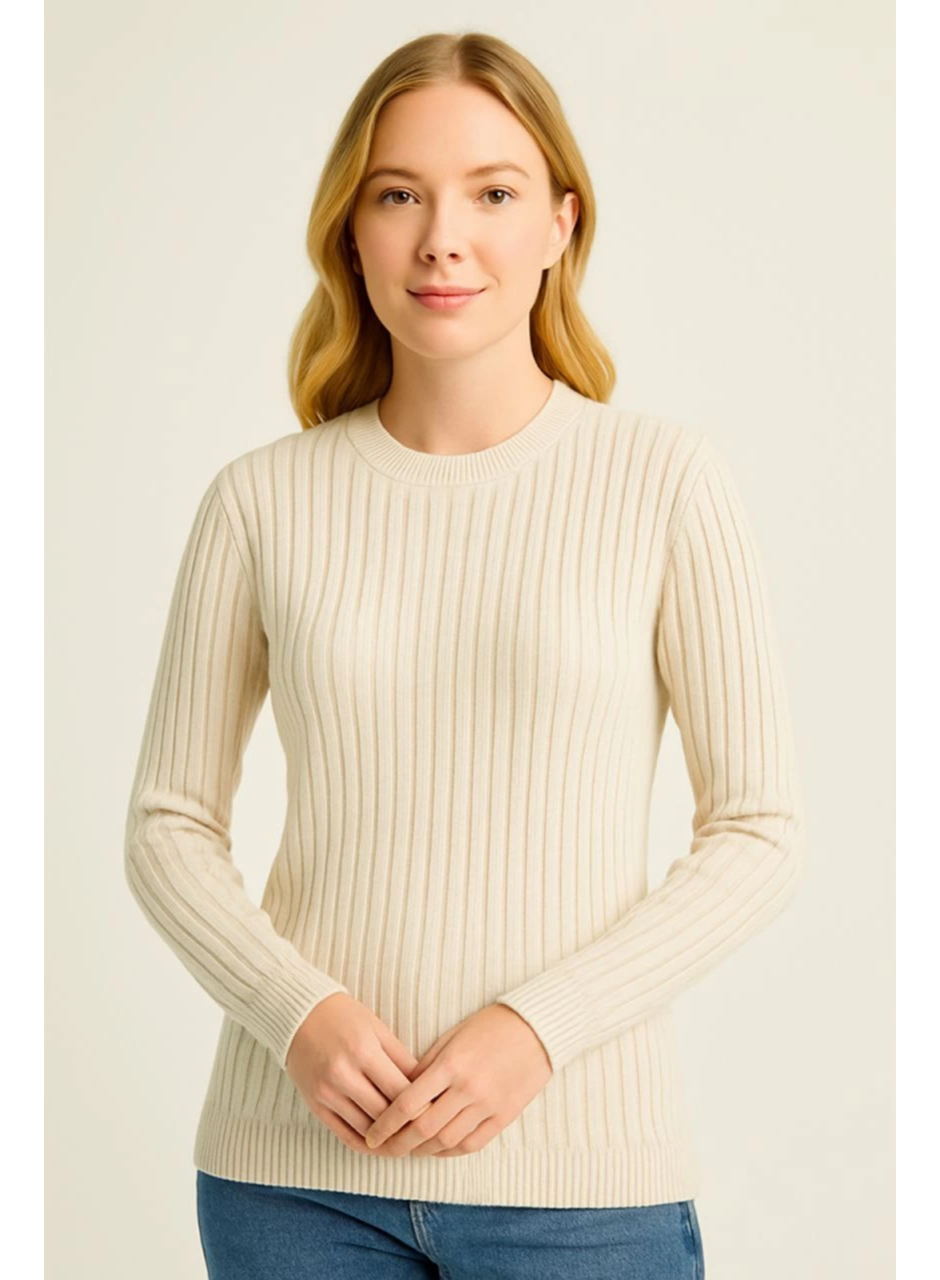 Bisiklet Yuvarlak Yaka Triko Kazak Pamuklu Kalın Fitilli Dokuma, Regular Fit Uzun Kollu Kışlık Model - Bej