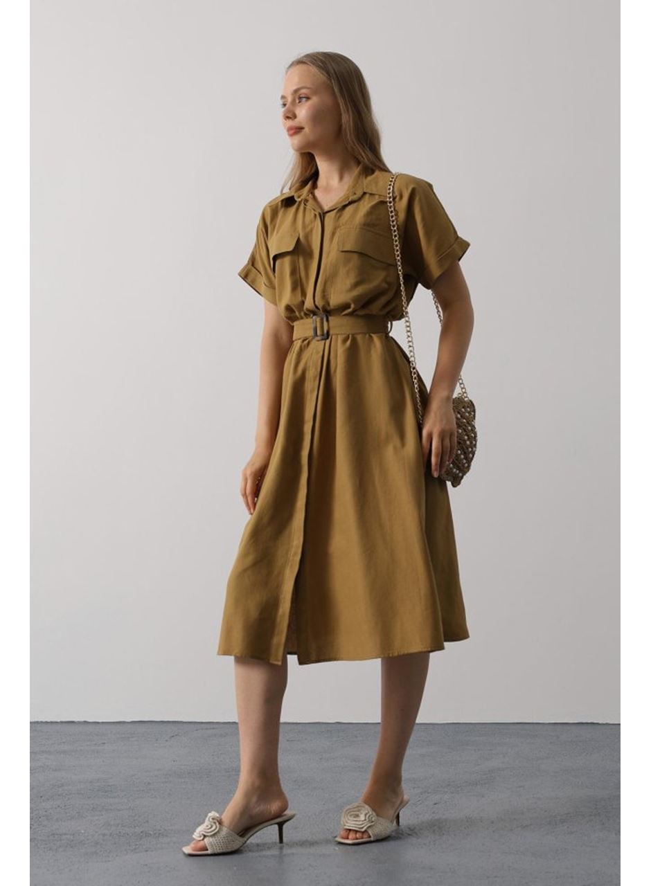 Kuşaklı Cep Detaylı Yarım Kol Elbise - Yağ Yeşili