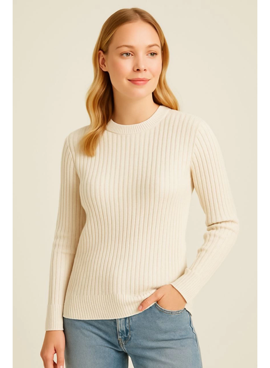 Bisiklet Yuvarlak Yaka Triko Kazak Pamuklu Kalın Fitilli Dokuma, Regular Fit Uzun Kollu Kışlık Model - Bej