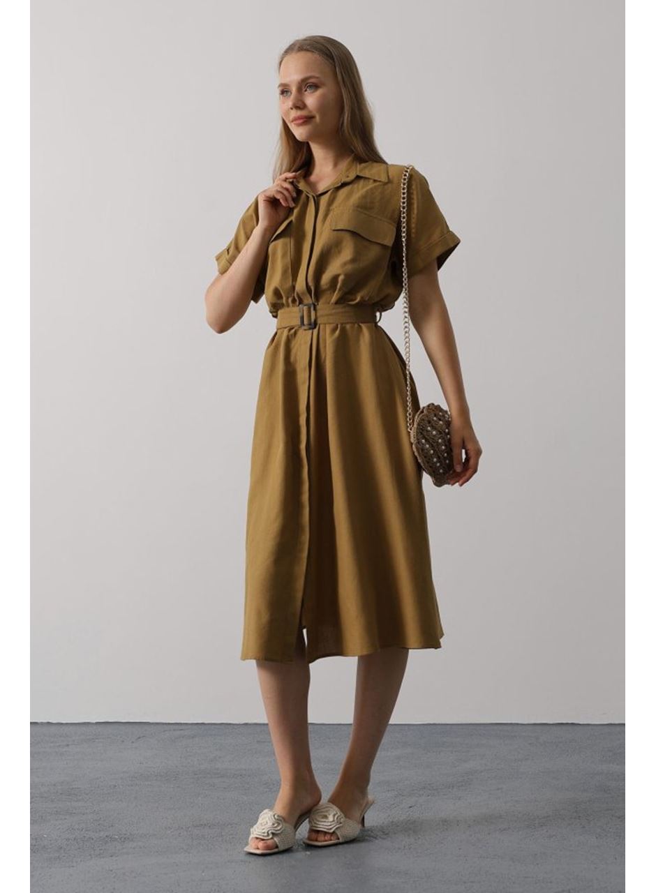 Kuşaklı Cep Detaylı Yarım Kol Elbise - Yağ Yeşili