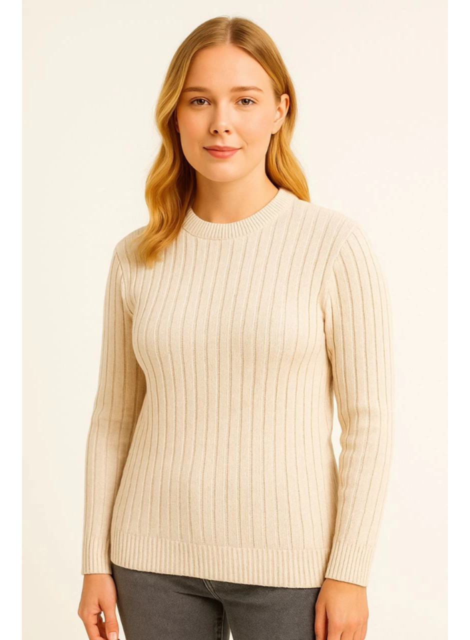 Bisiklet Yuvarlak Yaka Triko Kazak Pamuklu Kalın Fitilli Dokuma, Regular Fit Uzun Kollu Kışlık Model - Bej